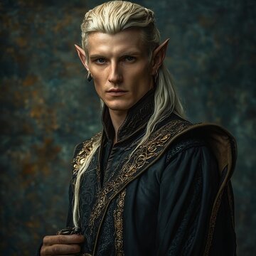 blone, male, high elf, middle aged, older, shady figure, criminal, dark clothes, dark hair, in shadows 