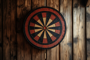 A dartboard with a black and red pattern hangs on a wooden wall, capturing rustic charm and game excitement.
