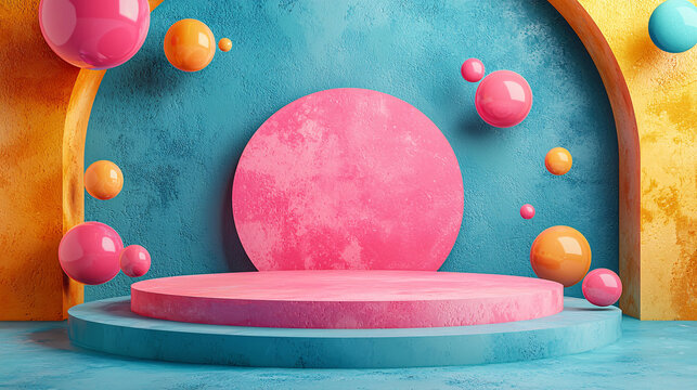 A colorful geometric illustration with a circular stage surrounded by floating bubbles and foam, set against a textured blue background, ideal for modern and creative design concepts