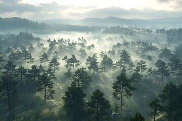 A serene landscape showcasing dense pine forests bathed in soft morning light, enveloped in a mystical mist that adds an ethereal quality to the tranquil scene.
