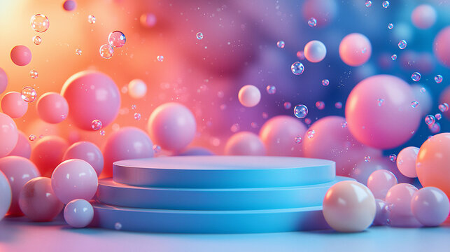 A colorful geometric illustration with a circular stage surrounded by floating bubbles and foam, set against a textured blue background, ideal for modern and creative design concepts