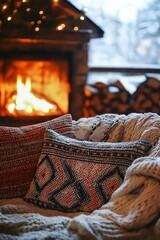 Obraz premium Comfortable seating by a glowing fire, offering warmth and relaxation, overlooking a snowy, peaceful winter landscape.