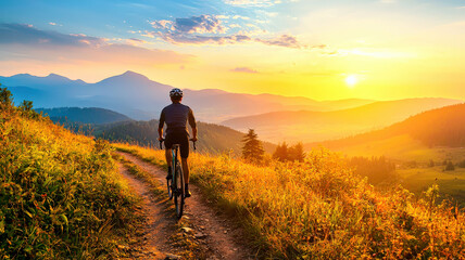Fototapeta premium Lone cyclist on a mountain trail at sunset, capturing the serenity and adventure of outdoor exploration