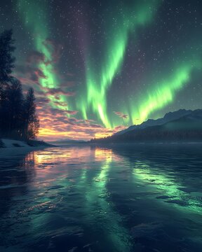 A stunning view of the northern lights illuminating the night sky above a tranquil river, with vibrant greens and purples reflecting on the water's surface.