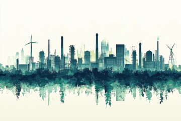 Fototapeta premium illustration of industrial cityscape with smokestacks and wind turbine