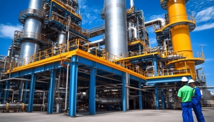 Petroleum Refinery Plant With Workers Monitoring Operations Process, Industrial Energy Production