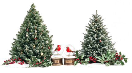 Christmas Tree Collection With Decorations Holly and Red Robin Birds Generative AI