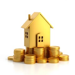 Golden House Model on Stacks of Gold Coins Representing Real Estate Investment ISOLTED ON WHITE BACKGROUND 