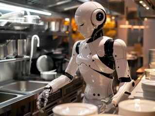 Fototapeta premium A white humanoid robot waiter placing plates in a professional restaurant kitchen showing robotic technology in the culinary field.