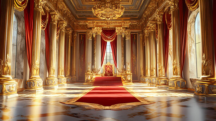 Opulent royal palace interior with golden and red accents majestic fantasy throne room digital concept art. Fantasy. Illustration