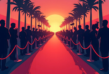 Red carpet event, preniere night, glamorous atmosphere, silhouettes waiting at sunset, palm trees lining the way