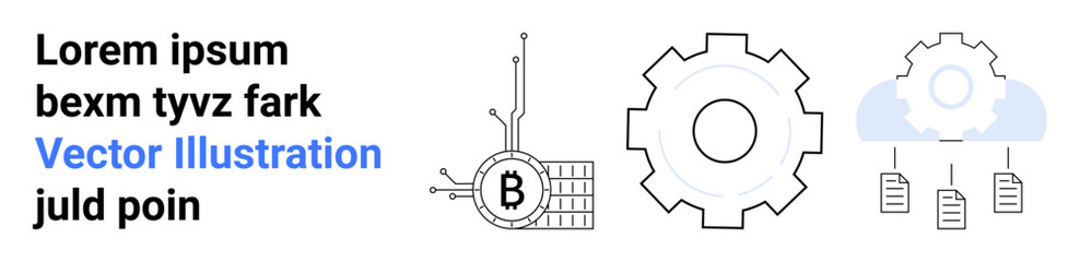 Bitcoin symbol with circuitry, gear mechanism, and cloud storage with data. Ideal for cryptocurrency, blockchain advancements, digital integration, financial technology, cloud computing, tech