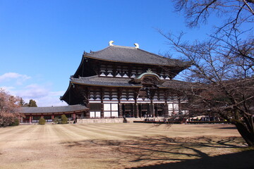 Todaiji Buddhist Temple is Historic Buddhist temple featuring a large Buddha statue and deer roaming the grounds in Osaka, Japan