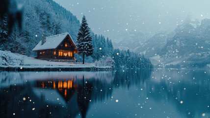 Fototapeta premium Peaceful winter lake with reflections of snowy mountains and forests, a lit cabin with a tree in the window, and soft snowflakes falling