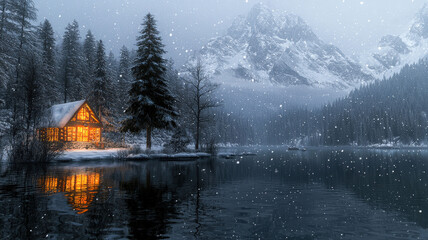 Fototapeta premium Peaceful winter lake with reflections of snowy mountains and forests, a lit cabin with a tree in the window, and soft snowflakes falling