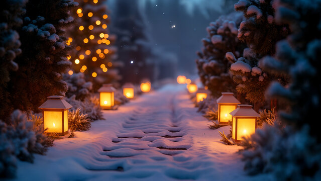 A Cozy Christmas Eve Scene of a Garden Path Adorned with Glowing Luminarias Casting a Soft Light Over Glistening Snowflakes