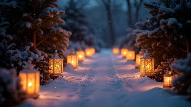 A Cozy Christmas Eve Scene of a Garden Path Adorned with Glowing Luminarias Casting a Soft Light Over Glistening Snowflakes