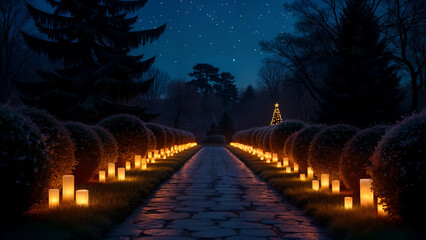 An Enchanting Charm of a Christmas Garden Path Surrounded by Festive Luminarias, Beautifully Illuminating the Landscape Under a Starry Night Sky