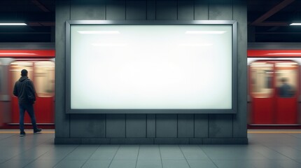 Blank Advertising Billboard in Subway Station with Passing Trains Urban Advertising Concept