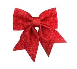Gift decoration, Christmas tree decorative bow with sequins isolated on white background.  Design element for postcard, invitation, product label or other catalog.