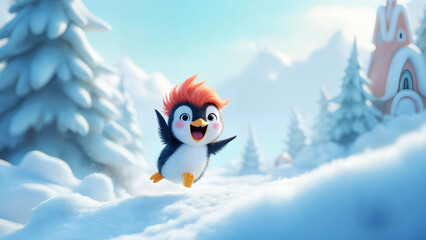 A Joyful CGI Animated Penguin's Adventure Sliding Down Ice Towards a Fantasy Ice Tree in a Captivating Village