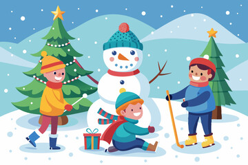 Flat vector of kids building a snowman, skiing, and sledding in a snowy winter landscape with mountains and trees