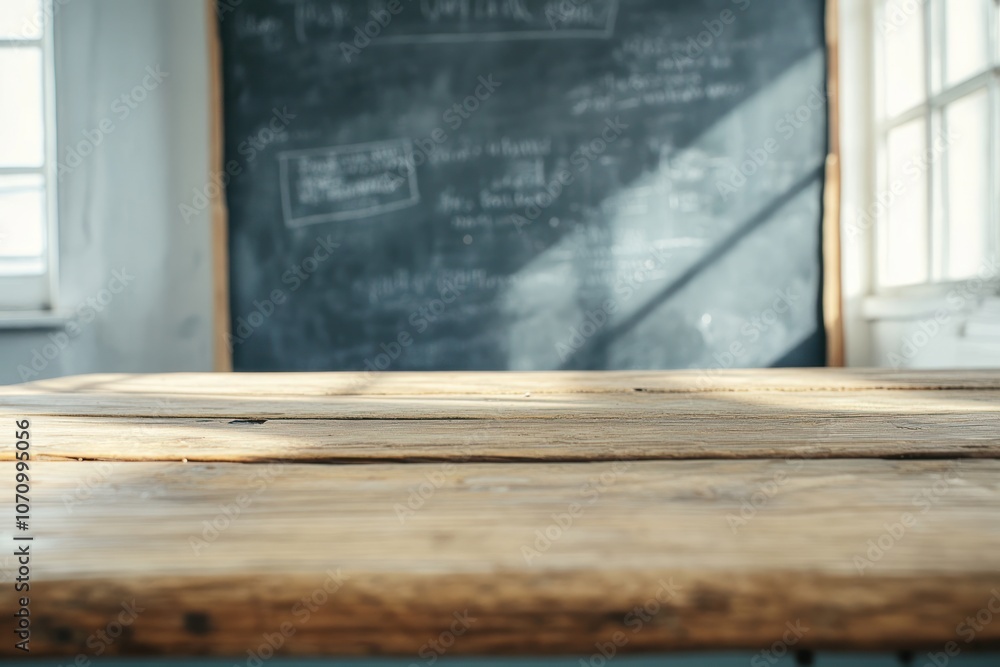 Aufkleber a wooden table in a classroom setting with a chalkboard in the background.