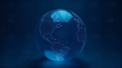 Fototapeta premium An Artistic Glass Globe with Swirling Code Representing Programming Languages Against a Solid Dark Blue Backdrop