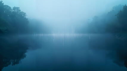 Fototapeta premium A Surreal Data Lake Surrounded by Fog and Vibrant Symbols Forming a Dynamic Representation of Information Flow