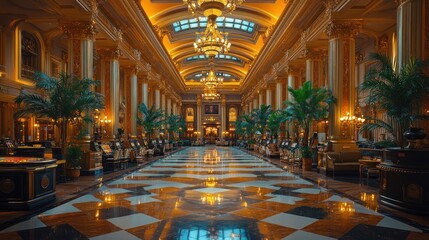 A grand, opulent lobby with a checkered floor, gold columns, and chandeliers.