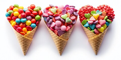 Heart-Shaped Candy Cones Isolated on White Background Perfect for Sweet Treats, Party Decorations, and Valentine's Day Celebrations