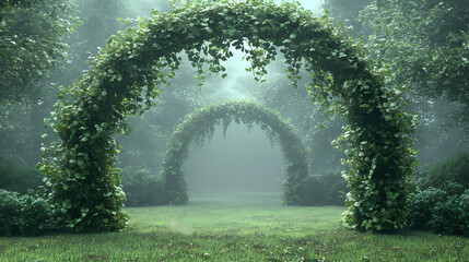 Spectacular archway covered with vine in the middle of fantasy fairy tale forest landscape, misty on spring time. digital art 3d illustration. Fantasy. Illustration
