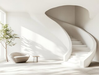 A minimalist interior featuring a sculptural staircase, a chair, and a potted tree.
