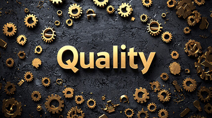 A golden emblem with a modern design, featuring the word "Quality" and surrounded by decorative elements, ideal for representing high standards and top-tier products