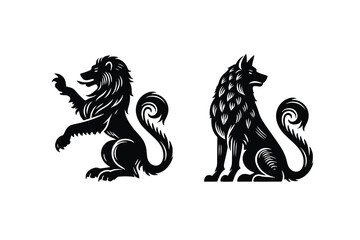 Heraldic animals: Lion and Wolf. medieval ancient coat of arms.
Black vector illustration, emblem, print, tattoo