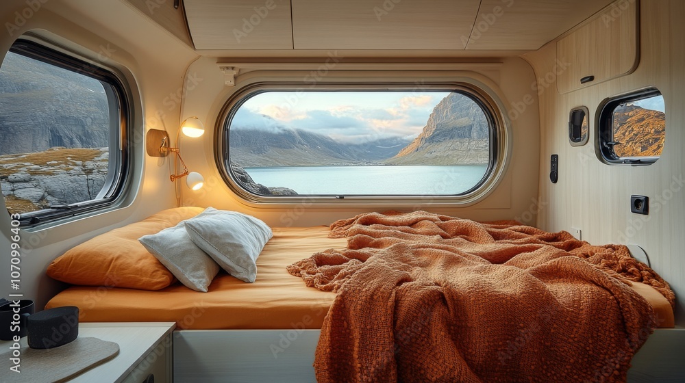 Poster the cozy cabin features a plush bed with orange blankets, a large window framing serene lake views a