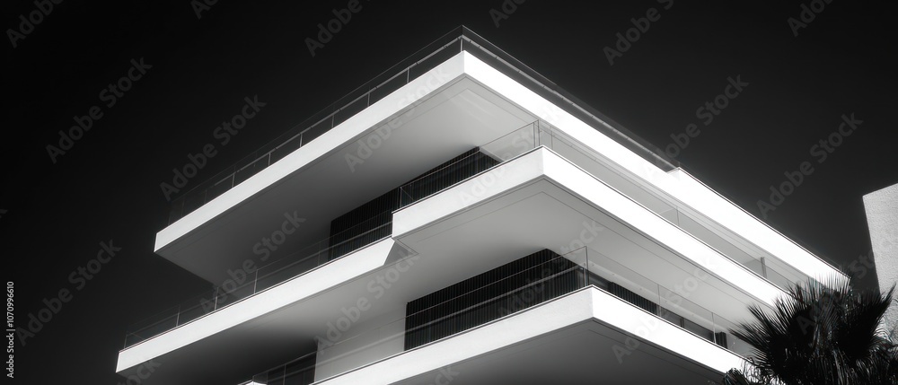 Poster a modern architectural structure with clean lines and multiple levels in black and white.