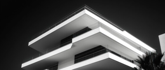 Obraz premium A modern architectural structure with clean lines and multiple levels in black and white.