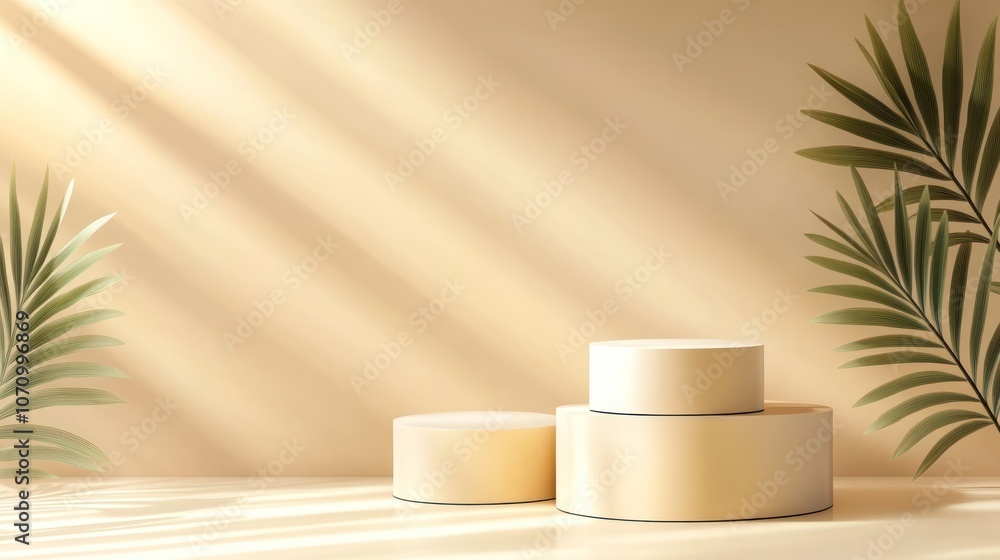 Poster a serene display of cream containers with palm leaves against a soft, illuminated backdrop.