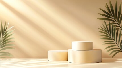 A serene display of cream containers with palm leaves against a soft, illuminated backdrop.