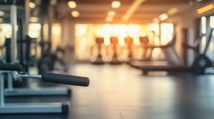 Fototapeta premium A gym interior with fitness equipment and a warm sunset glow.