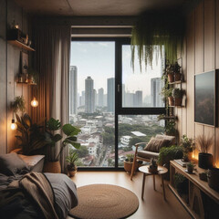 Urban Zen Escape
 A peaceful retreat in a modern city apartment with plants and cozy spaces. 