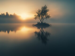 Obraz premium Misty Sunrise over a Serene Lake