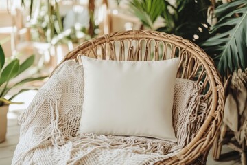 Fototapeta premium Pillow mockup Decorations in the boho style and plants in the background. 
