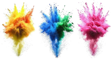 Vibrant Color Powder Bursts in Yellow Blue Green and Pink on White Generative AI