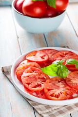 Red Tomatoes with Fresh Basil Leaves on Wooden Boards, Italian Cuisine Concept