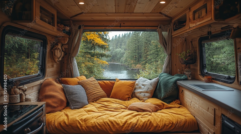 Poster the warm interior of a camper van features a plush yellow sofa surrounded by colorful cushions. larg