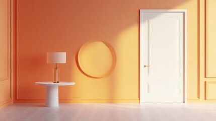 A minimalist interior with an orange wall, white door, and stylish lamp on a table.