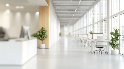 Fototapeta premium Modern office interior with large windows, desks, and plants for a productive workspace.