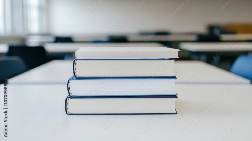 Poster a stack of three closed books on a table in a classroom setting.